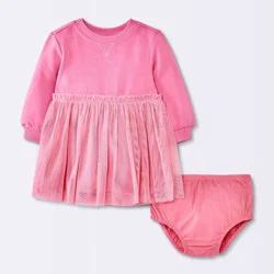 Baby Girls' Long Sleeve Modal Fleece Tulle Dress - Cloud Island™ Pink 18M