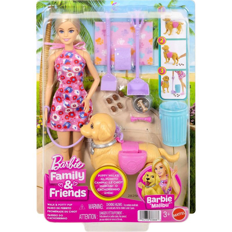 slide 6 of 6, Barbie “Malibu” Walk & Potty Pup Toy Set, Includes Doll, Walking Pet Dog with Potty Feature, & Accessories, 1 ct
