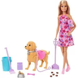 Barbie “Malibu” Walk & Potty Pup Toy Set, Includes Doll, Walking Pet Dog with Potty Feature, & Accessories