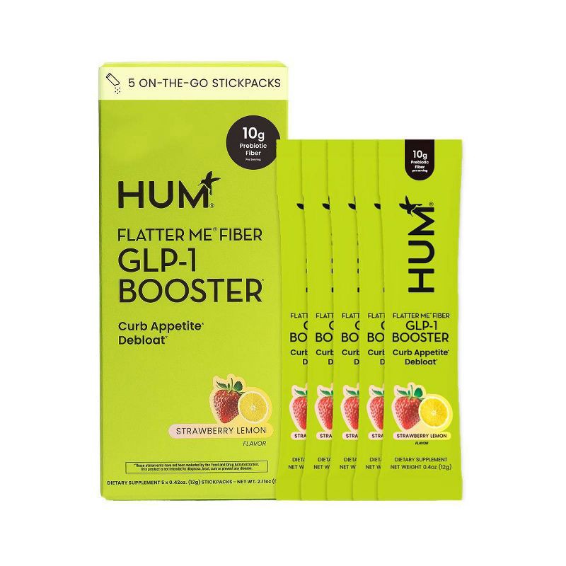 slide 1 of 9, HUM Nutrition Flatter Me Fiber GLP-1 Booster Stick Pack - Strawberry Lemon - 5ct, 5 ct