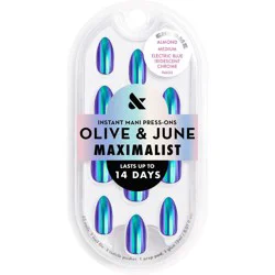 Olive & June Press-On Fake Nails - M Almond - Electric Blue Iridescent Chrome - 42ct