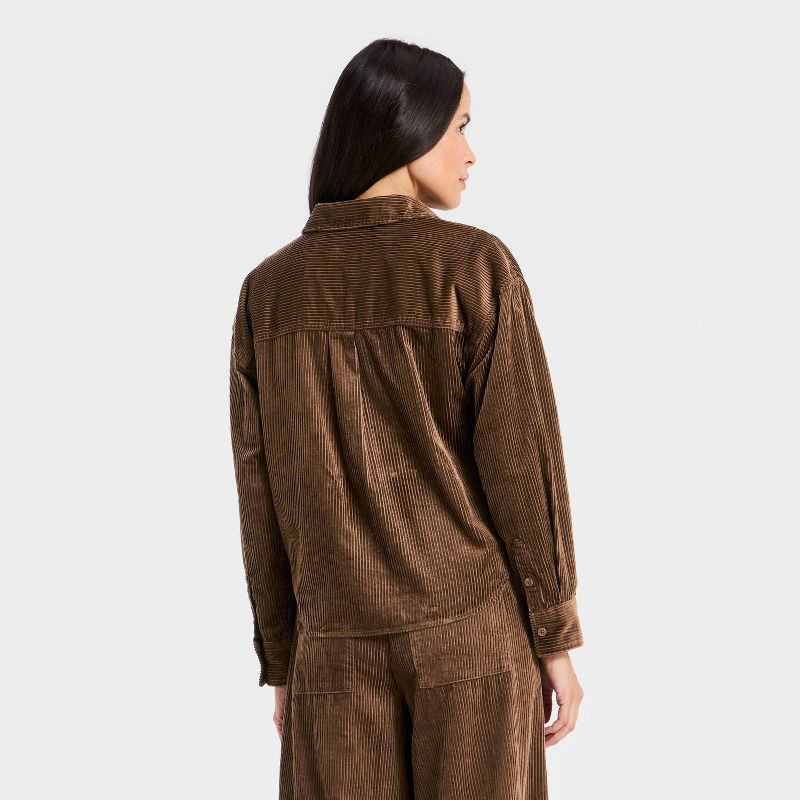 slide 2 of 3, Women's Long Sleeve Cropped Corduroy Collared Neck Button-Down Shirt - Universal Thread™ Brown L, 1 ct