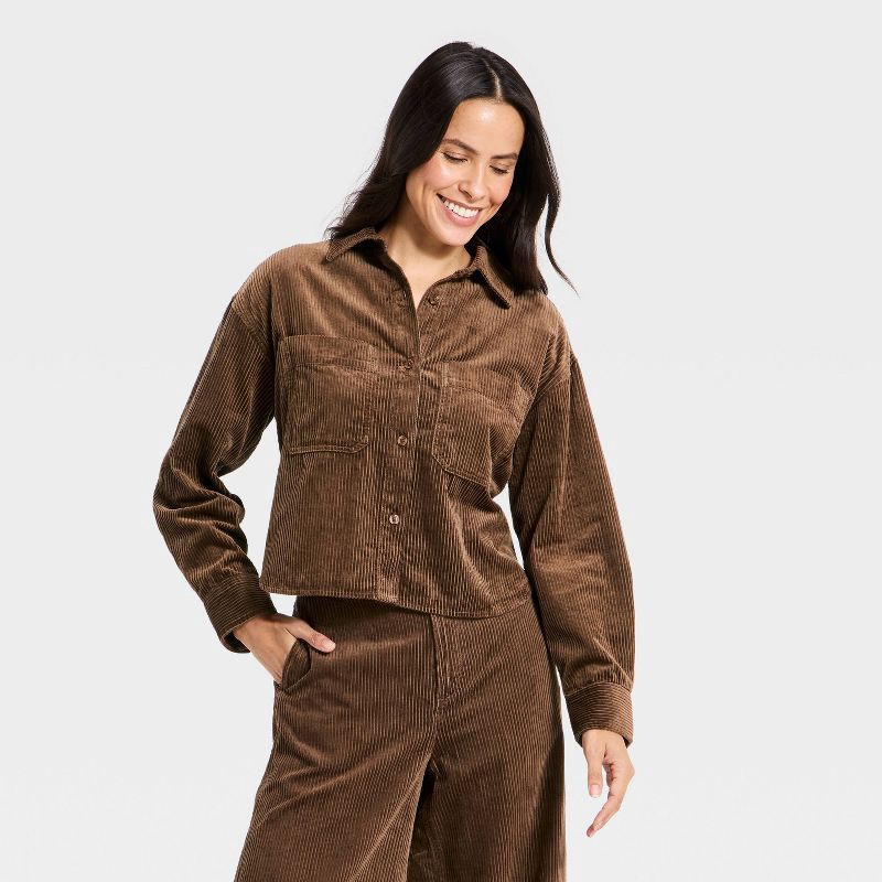 slide 1 of 3, Women's Long Sleeve Cropped Corduroy Collared Neck Button-Down Shirt - Universal Thread™ Brown L, 1 ct