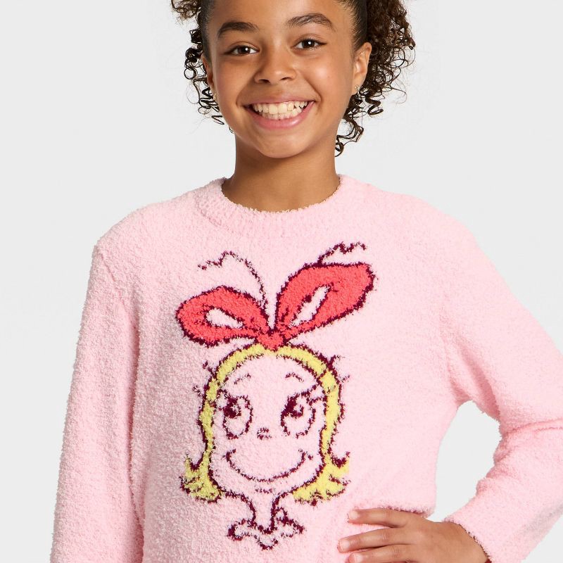 slide 2 of 4, Girls' The Grinch 'Cindy Lou Who' Boucle Pullover Sweater - Pink S, 1 ct