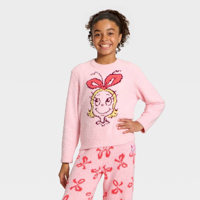 slide 1 of 4, Girls' The Grinch 'Cindy Lou Who' Boucle Pullover Sweater - Pink S, 1 ct