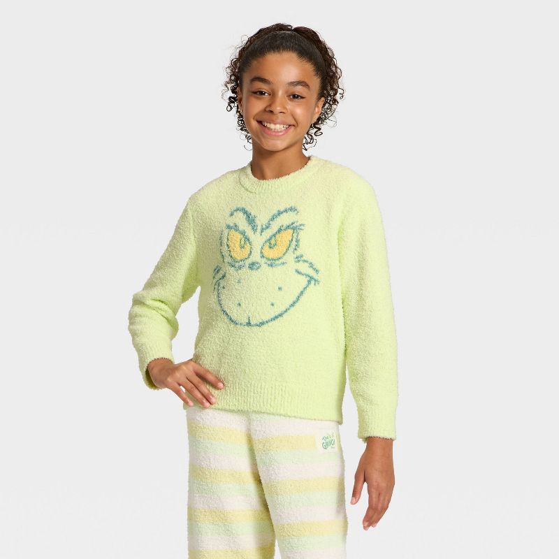 slide 1 of 4, Girls' Dr. Suess The Grinch Cozy Boucle Sweater - Light Green XL, 1 ct