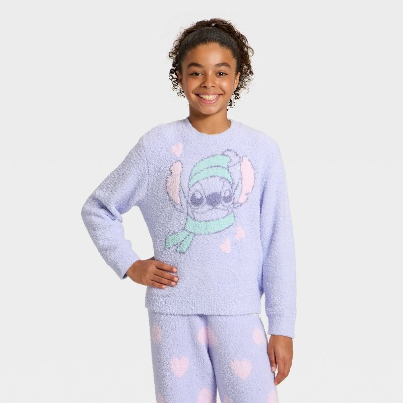 slide 1 of 4, Girls' Disney Stitch Boucle Pullover Sweater - Light Blue XL, 1 ct