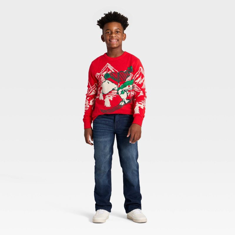 slide 4 of 4, Peanuts Boys' Snoopy Skiing Holiday Knit Sweater - Red S, 1 ct