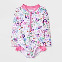 Disney Baby Girls' Floral Minnie One Piece Rash Guard - Pink 9M