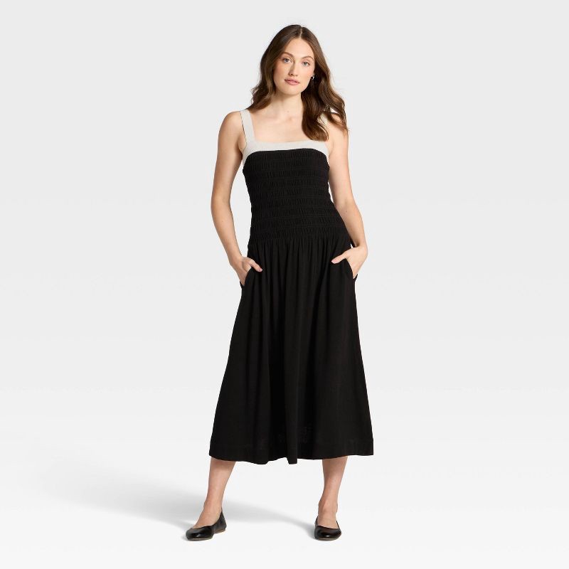 slide 3 of 3, Women's Smocked Midi A-Line Dress - Universal Thread™ Black XL, 1 ct