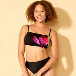 Women's Floral Print High Shine Bralette Bikini Top - Shade & Shore™ Black D/DD Cup