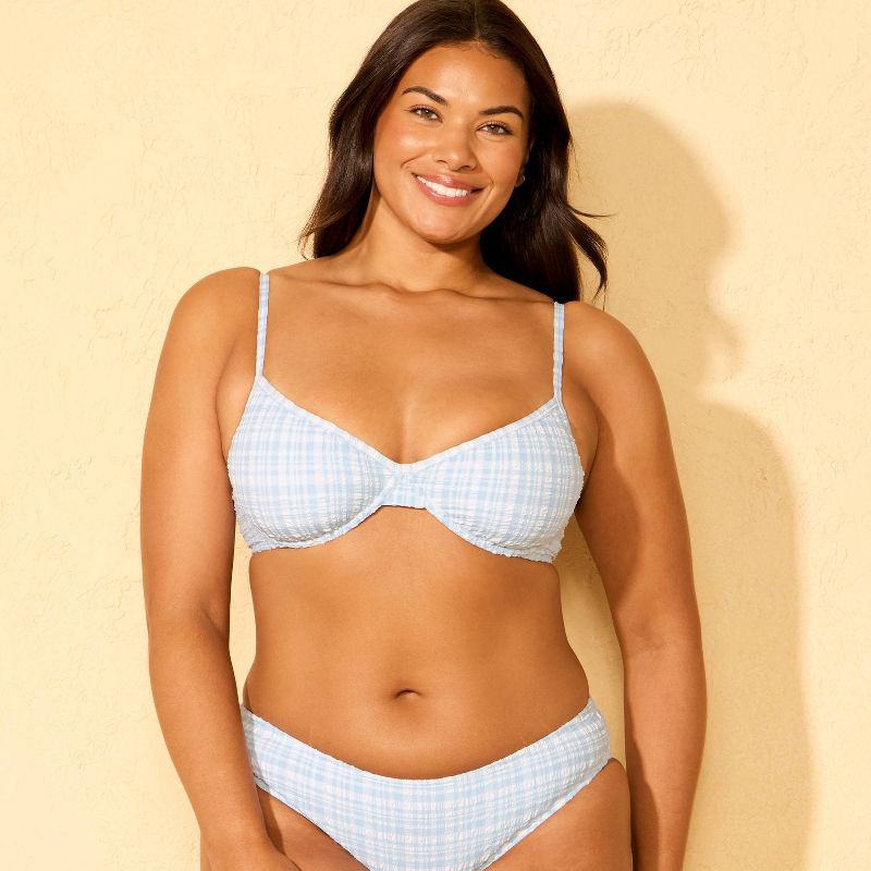 slide 4 of 5, Women's Gingham Pucker Underwire Bikini Top - Shade & Shore™ Blue XS, 1 ct