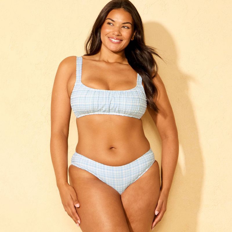 slide 4 of 5, Women's Gingham Pucker High Leg Medium Coverage Hipster Bikini Bottom - Shade & Shore™ Blue S, 1 ct