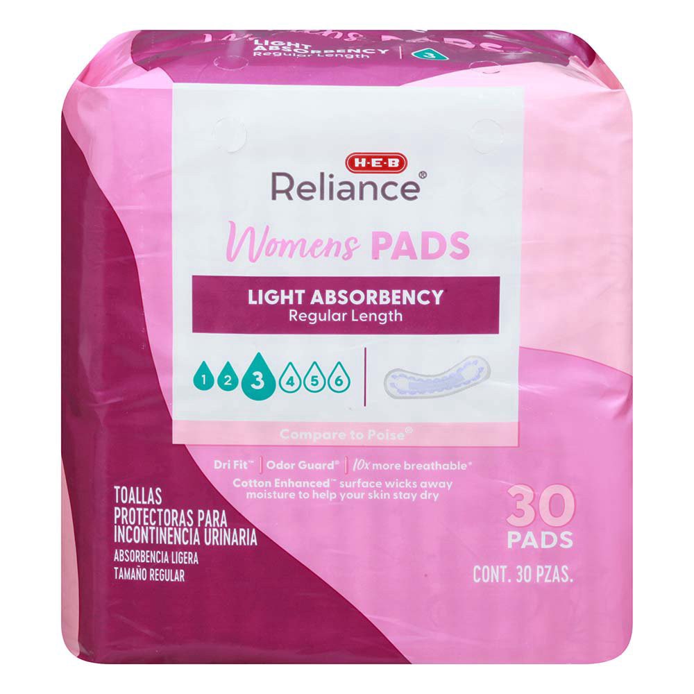 slide 1 of 1, H-E-B Reliance Light Absorbency Ultra Thin Pads, 30 ct