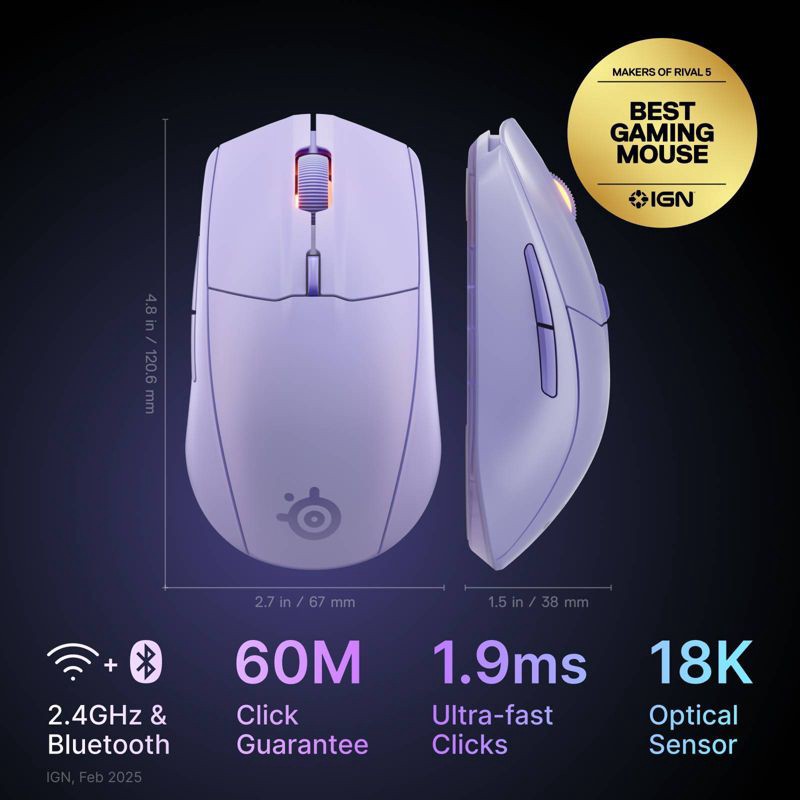 slide 2 of 7, SteelSeries Rival 3 Wireless Gaming Mouse - Lavender, 1 ct