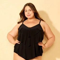 Women's Tiered Ruffle Tankini Top - Shade & Shore™ Black 1X