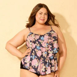 Women's Floral Print Tiered Ruffle Tankini Top - Shade & Shore™ Blue/Pink X