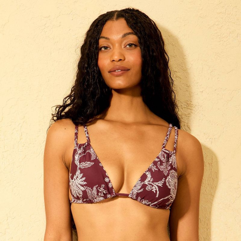 slide 3 of 5, Women's Paisley Print Braided Straps Triangle Bikini Top - Shade & Shore™ Burgundy S, 1 ct