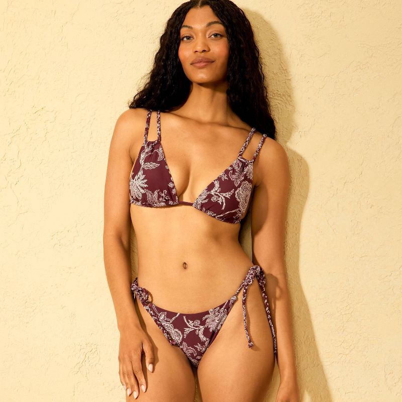 slide 3 of 5, Women's High Leg Paisley Print Cheeky Coverage Braided Straps Bikini Bottom - Shade & Shore™ Burgundy M, 1 ct