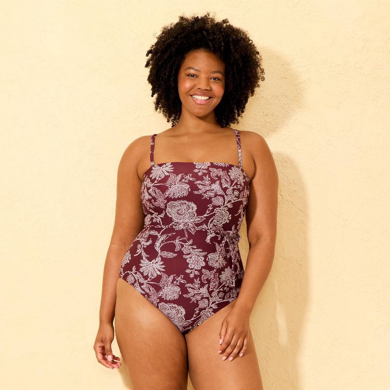 slide 4 of 5, Women's Paisley Print Bandeau Braided Belt High Leg Medium Coverage One Piece Swimsuit - Shade & Shore™ Burgundy L, 1 ct