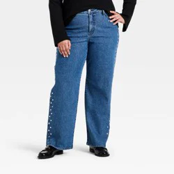 Women's Straight Leg Embellished Jeans - Ava & Viv™ Medium Wash 24
