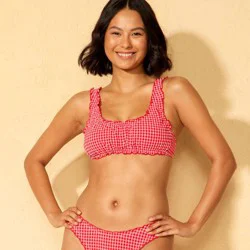 Women's Gingham Seersucker Ruffle Bralette Bikini Top - Wild Fable™ Red/Pink XXS