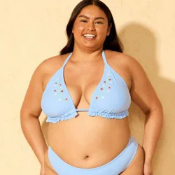 Women's Embroidered Strawberry Medium Coverage Tall Triangle Bikini Top - Wild Fable™ Light Blue 3X