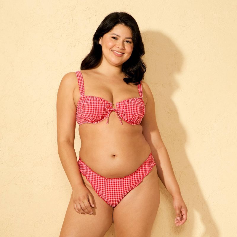 slide 4 of 5, Women's Gingham Seersucker Ruffle Low-Rise High Leg Medium Coverage Bikini Bottom - Wild Fable™ Red/Pink XS, 1 ct