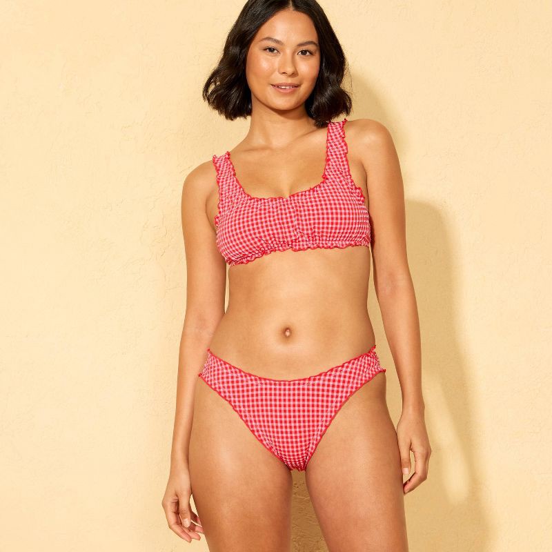slide 3 of 5, Women's Gingham Seersucker Ruffle Low-Rise High Leg Medium Coverage Bikini Bottom - Wild Fable™ Red/Pink L, 1 ct