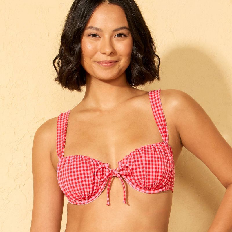 slide 3 of 5, Women's Gingham Seersucker Center Tie Underwire Bikini Top - Wild Fable™ Red/Pink XS, 1 ct
