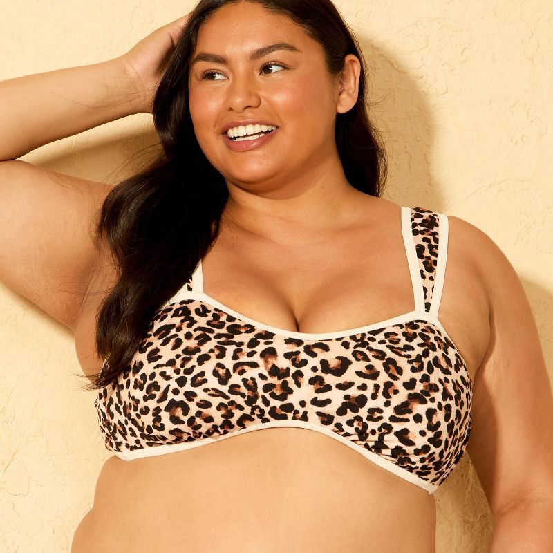 slide 3 of 3, Women's Contrast Binding and Textured Leopard Print Bandeau Bikini Top - Wild Fable™ Black/Brown 1X, 1 ct