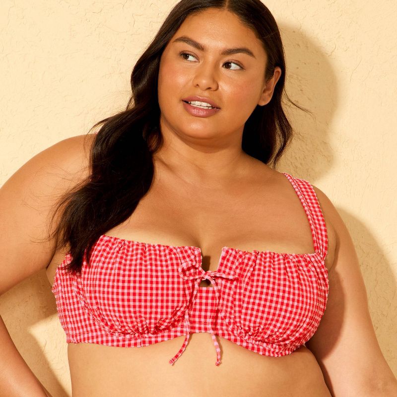slide 3 of 3, Women's Gingham Seersucker Center Tie Underwire Bikini Top - Wild Fable™ Red/Pink 14, 1 ct