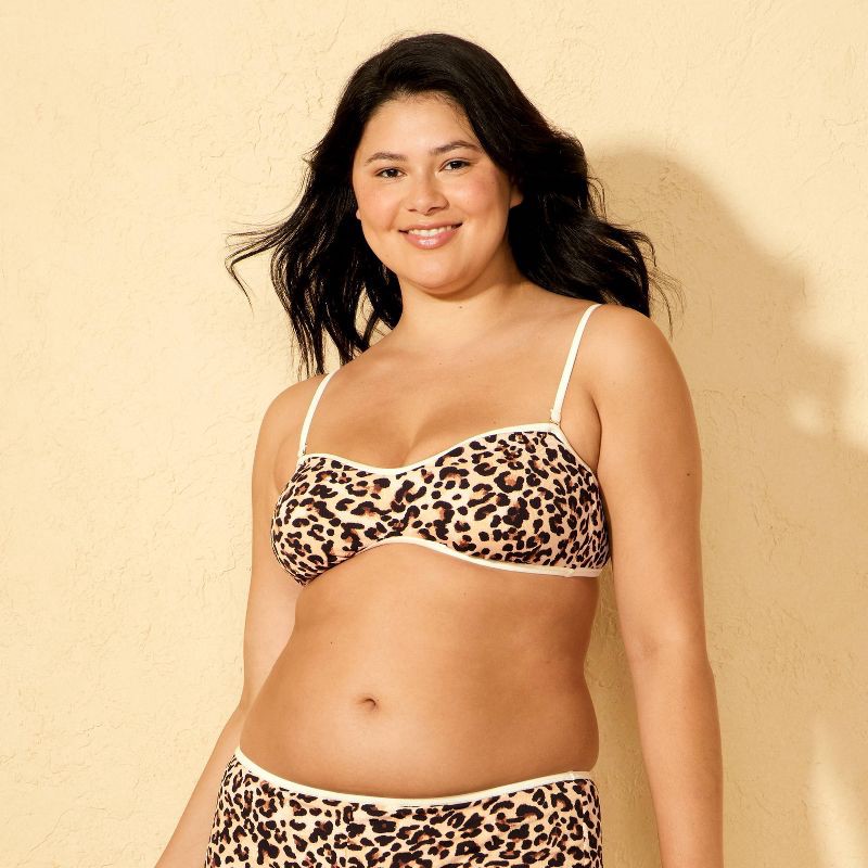 slide 4 of 5, Women's Contrast Binding and Textured Leopard Print Bandeau Bikini Top - Wild Fable™ Black/Brown XS, 1 ct