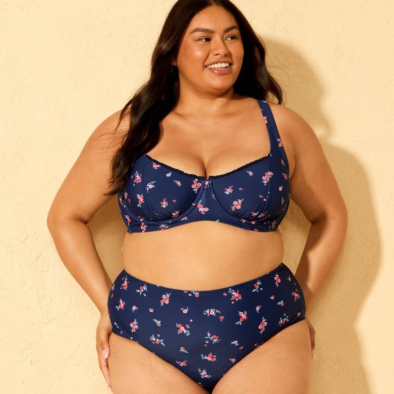 slide 3 of 3, Women's Floral Print High Rise Cheeky Bikini Bottom - Wild Fable™ Navy Blue 1X, 1 ct