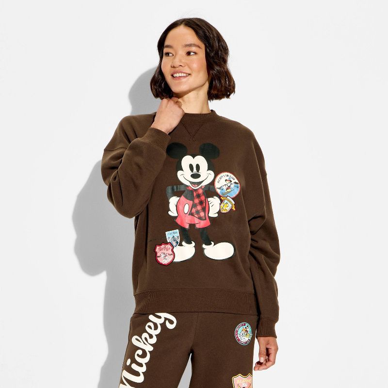 slide 2 of 3, Women's Mickey Mouse OS Fleece Graphic Pullover Sweatshirt - Brown S, 1 ct