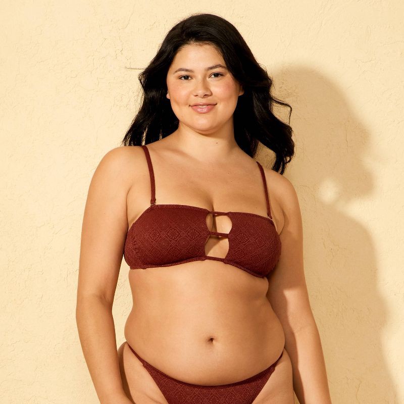 slide 5 of 5, Women's Jacquard Texture Bandeau Bikini Top - Wild Fable™ Burgundy XS, 1 ct