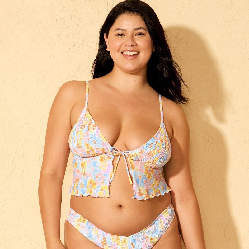 slide 4 of 5, Women's Smocked Tie-Front Fly Away Floral Print Tankini Top - Wild Fable™ Pink/Yellow/Blue XXS, 1 ct