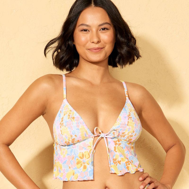 slide 3 of 5, Women's Smocked Tie-Front Fly Away Floral Print Tankini Top - Wild Fable™ Pink/Yellow/Blue XL, 1 ct