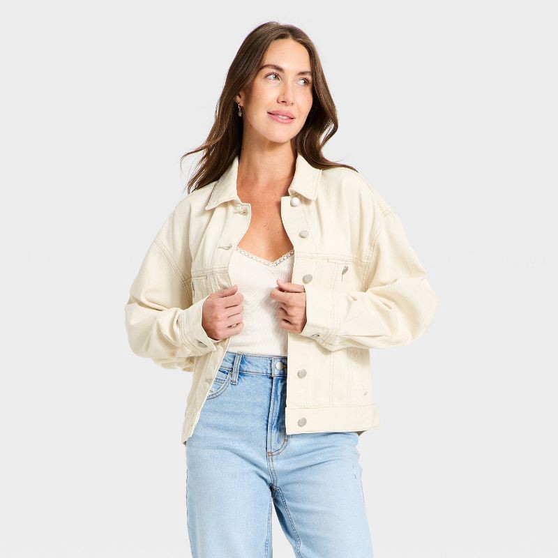 slide 1 of 3, Women's Relaxed Trucker Denim Jacket - Universal Thread™ Off-White L, 1 ct