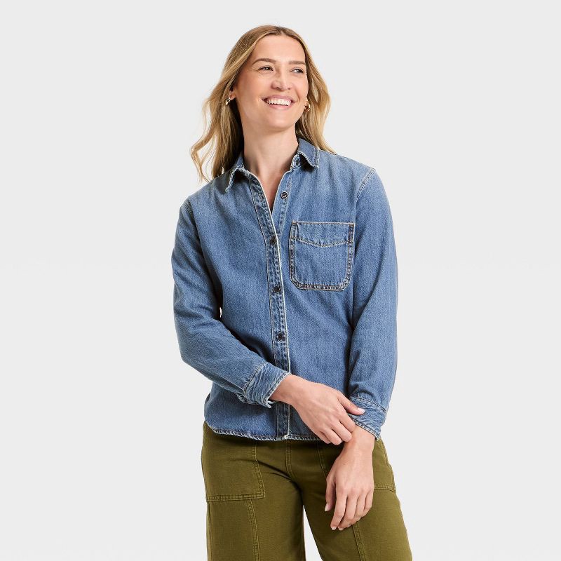 slide 1 of 3, Women's Relaxed Denim Shirt - Universal Thread™ Medium Wash M, 1 ct