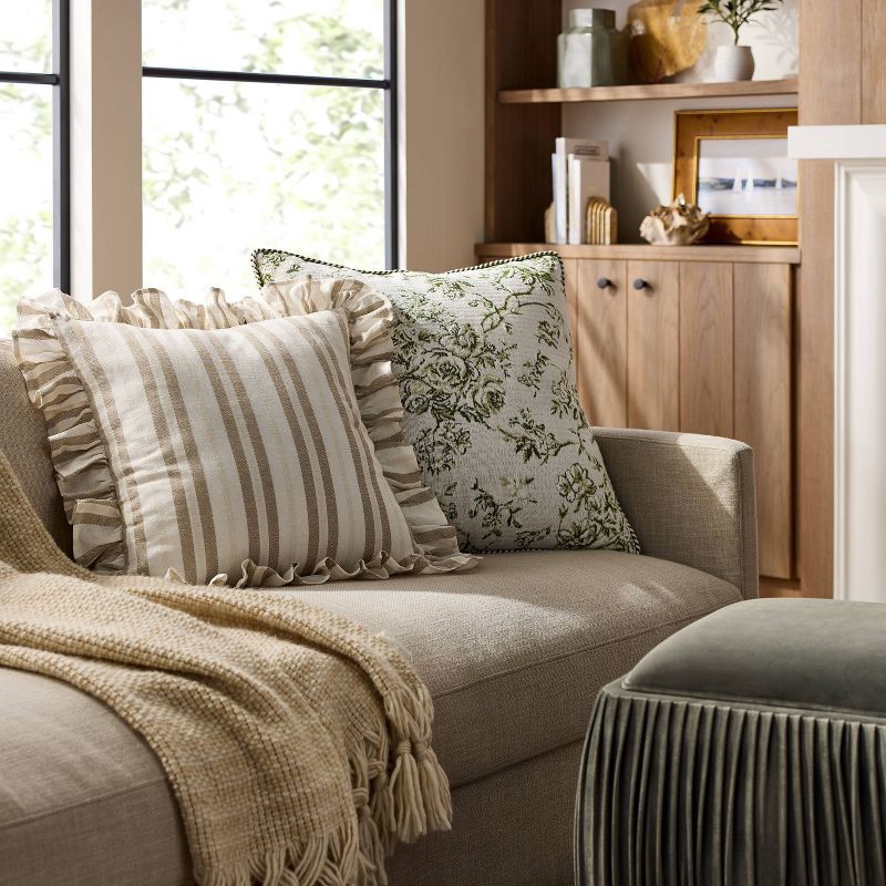 slide 2 of 4, Threshold designed w/Studio McGee Square Woven Stripe Throw Pillow with Ruffle Taupe/Ivory - Threshold™ designed with Studio McGee, 1 ct