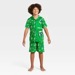 Boys' 2pc Minecraft Button-Down Pajama Set - Green S