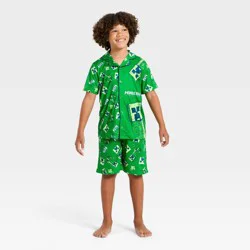 Boys' 2pc Minecraft Button-Down Pajama Set - Green L