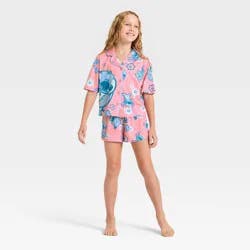 Girls' 2pc Lilo & Stitch Button-Down Pajama Set - Pink XS