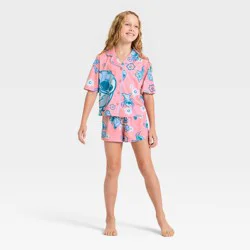 Girls' 2pc Lilo & Stitch Button-Down Pajama Set - Pink L
