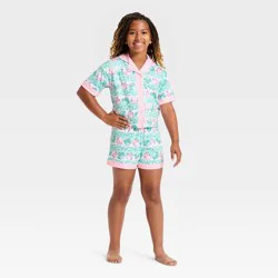 Girls' 2pc Squishmallows Button-Down Pajama Set - Turquoise Green S