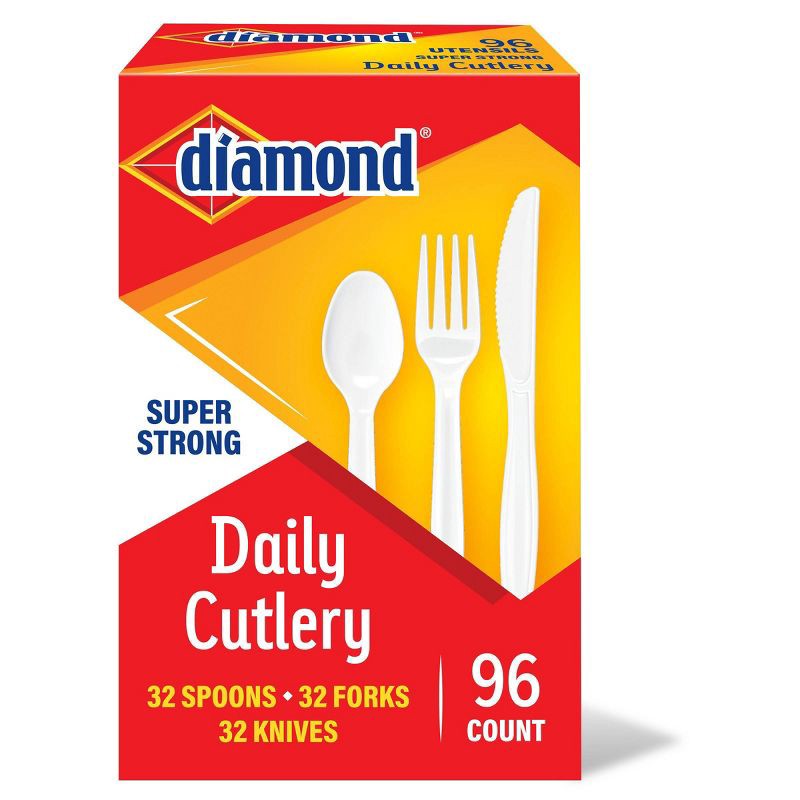 slide 1 of 3, Diamond Daily White Disposable Forks Spoons and Knives - 96ct, 96 ct