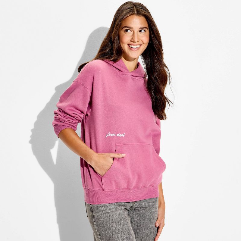 slide 1 of 3, Women's Oversized Graphic Hooded Pullover Sweatshirt - Wild Fable™ Mauve Quote L, 1 ct
