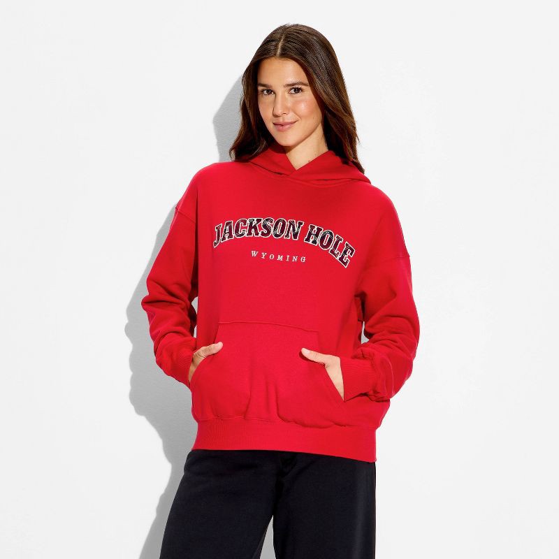 slide 2 of 3, Women's Oversized Graphic Hooded Pullover Sweatshirt - Wild Fable™ Berry Red Quote M, 1 ct