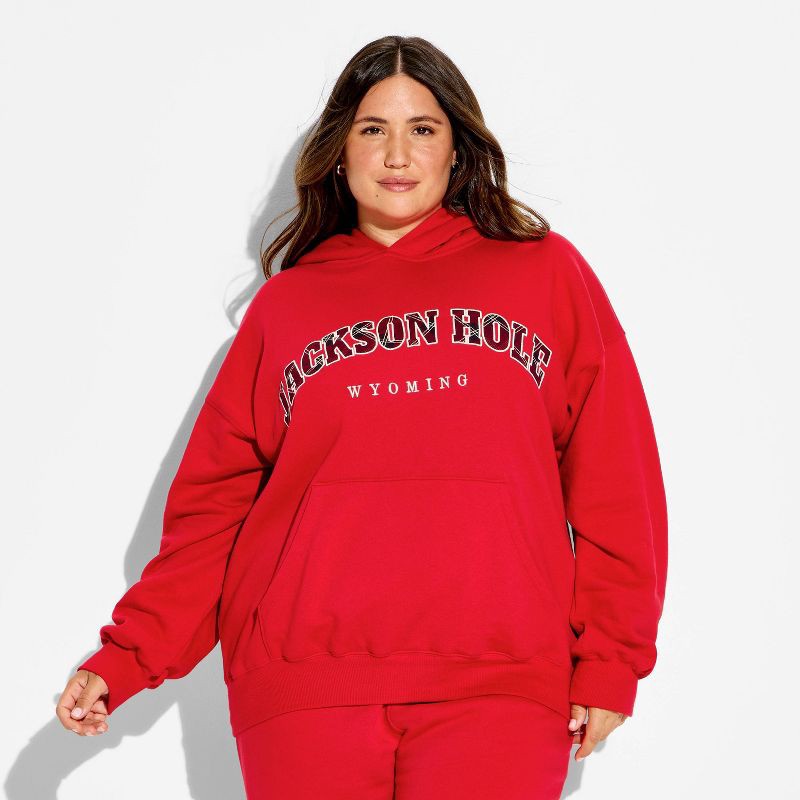 slide 2 of 3, Women's Oversized Graphic Hooded Pullover Sweatshirt - Wild Fable™ Berry Red Quote XXL, 1 ct